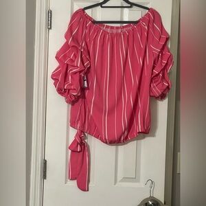 Vince Camuto Pink and White 3/4 Sleeve Ruffled Blouse